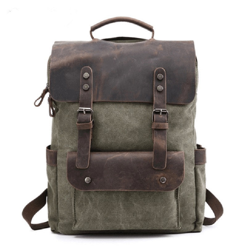 Vintage Leather And Canvas Backpack- College Students School Bookbag Yososo Mart